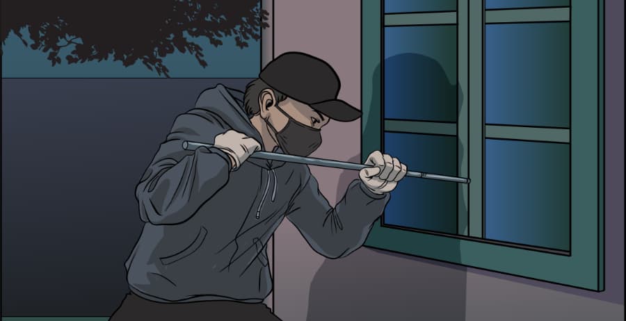 Illustration of burglar forcing entry through a window in Rochester
